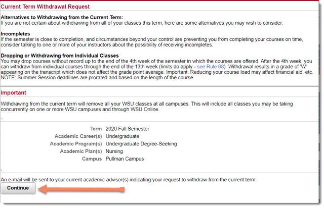 myWSU term withdrawal confirmation