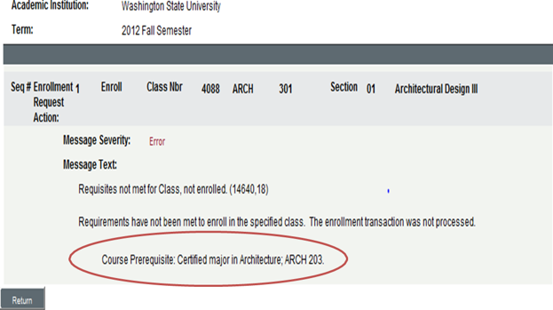 myWSU error message display showing incomplete course requisite